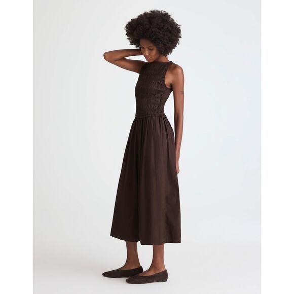 Madewell The Melody Smocked Midi Dress Cotton Molasses Brown A Line Small NWT - Picture 3 of 14
